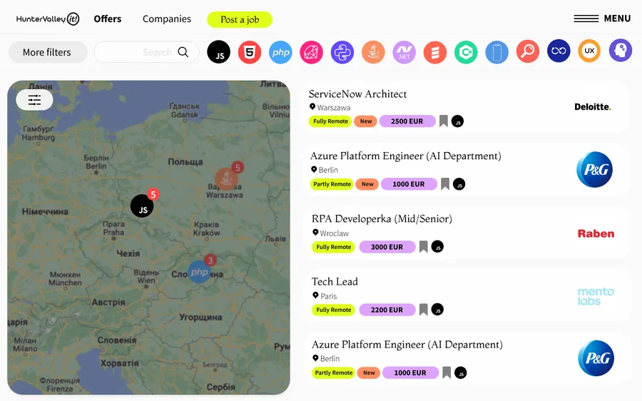 HunterValley IT — platforma z ofertami pracy IT z mapą i filtrami